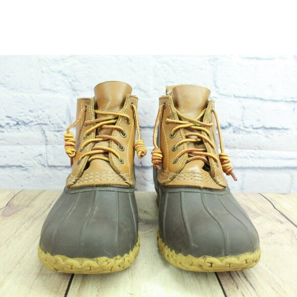 LL Bean Brown Leather Lace Up Round Toe Unlined Ankle Duck Boots Size 8 Wide - Picture 4 of 10